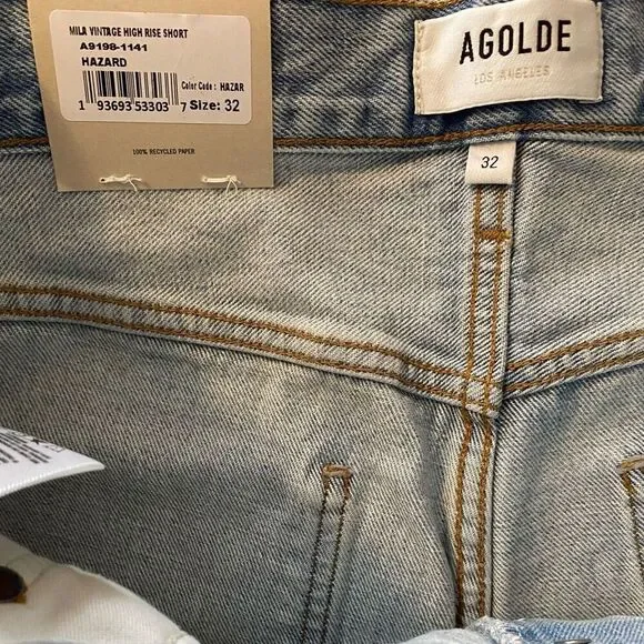 Agolde Mila 100% Cotton Vintage High Rise Raw Hem Hazard Wash Shorts NWT Size 32